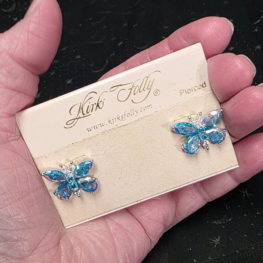 Kirks Folly Butterfly Earrings Iridescent Blue Aurora Borealis Crystals - Picture 6 of 9